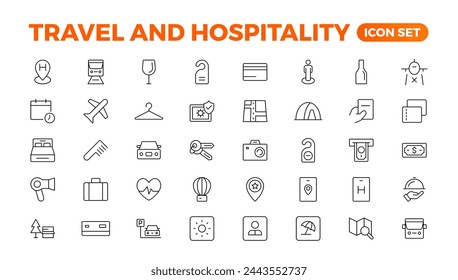 Set of outline icons related to the hospitality industry. Editable stroke. Vector illustration.Travel set. Summer vacations and holiday symbol vector illustration. traveling tourism elements.