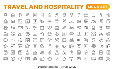 Set of outline icons related to the hospitality industry. Editable stroke. Vector illustration.Travel set. Summer vacations and holiday symbol vector illustration. traveling tourism elements.