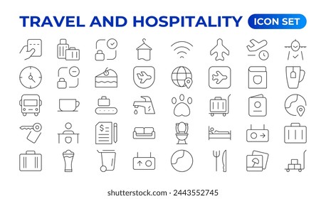 Set of outline icons related to the hospitality industry. Editable stroke. Vector illustration.Travel set. Summer vacations and holiday symbol vector illustration. traveling tourism elements.