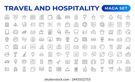 Set of outline icons related to the hospitality industry. Editable stroke. Vector illustration.Travel set. Summer vacations and holiday symbol vector illustration. traveling tourism elements.