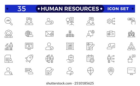 Eine Reihe von Gliederungssymbolen für Personal, Personalwesen, Einstellung, Beschäftigung, Unternehmen, Büro, Unternehmen, Management. Lineare Symbolsammlung.
