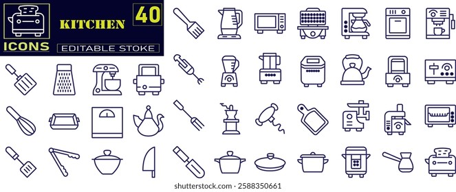 Set of outline icons related to kitchen. Includes chopping board, cooking pots, frying pan, grater, kitchen scale, and More. 