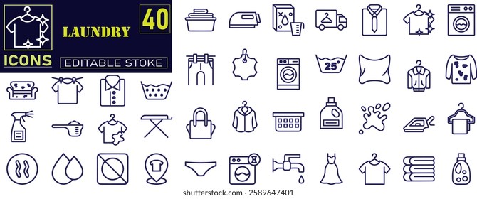 Set of outline icons related to laundry. Contains linear outline icons like Washer, Detergent, Clean, Machine, Dryer, Shirt, Iron, Hanger, Clothes, Softener. 