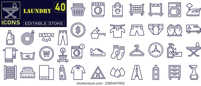 Set of outline icons related to laundry. Contains linear outline icons like Washer, Detergent, Clean, Machine, Dryer, Shirt, Iron, Hanger, Clothes, Softener. 