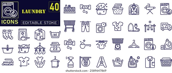 Set of outline icons related to laundry. Contains linear outline icons like Washer, Detergent, Clean, Machine, Dryer, Shirt, Iron, Hanger, Clothes, Softener. 