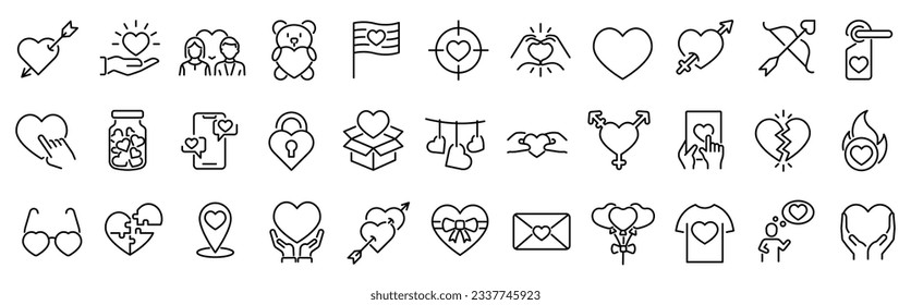 Set of outline icons related to love, heart, charity, relations, valentines day . Linear icon collection. Editable stroke. Vector illustration