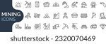 Set of outline icons related mining, coal, industry. Editable stroke. Vector illustration. 
