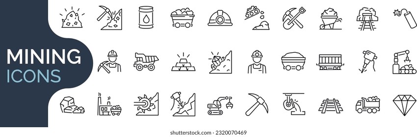 Set of outline icons related mining, coal, industry. Editable stroke. Vector illustration. 