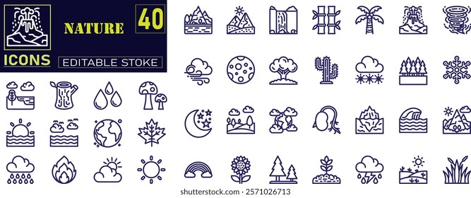 Set of outline icons related to nature.  Vector Nature Line Art Icon Set . 