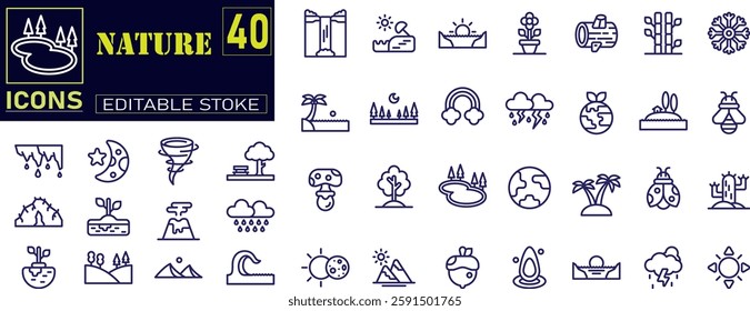 Set of outline icons related to nature. sun,sea,forest and mountain collection. 