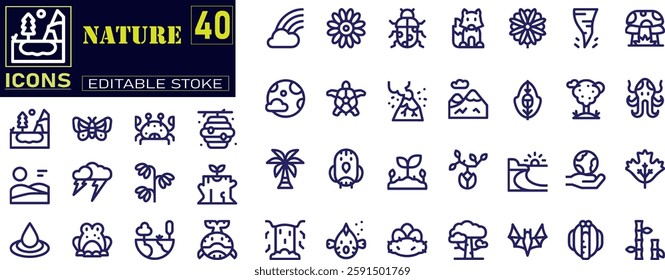 Set of outline icons related to nature. sun,sea,forest and mountain collection. 