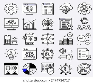 Set of  outline icons related to optimization. Linear icon collection. Editable stroke. Vector illustration