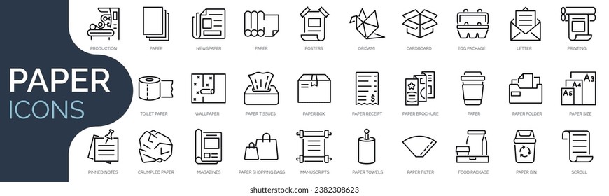 Conjunto de iconos de contorno relacionados con el papel. Colección de iconos lineales. Trazo editable. Ilustración del vector