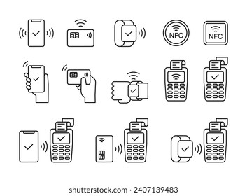 Set of outline icons related to payment methods. Online banking, Contactless payment, NFC in modern minimalist style. Vector illustration svg