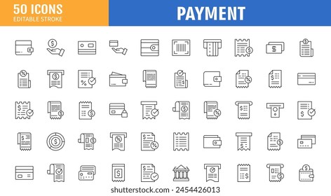 Set of outline icons related to payment methods. Linear icon collection. Editable stroke. Vector illustration