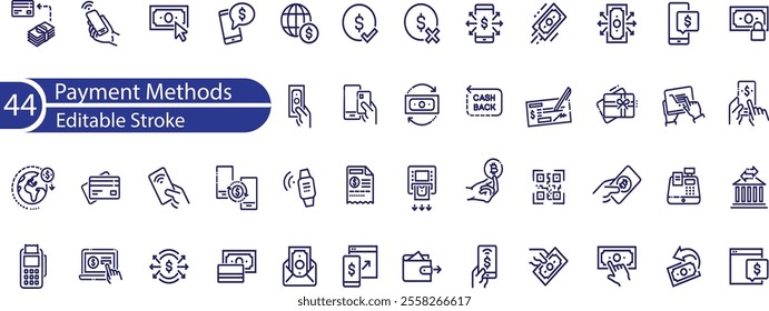 Set of outline icons related to payment methods. Linear icon collection. Editable stroke.