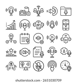 Um conjunto de ícones de estrutura de tópicos relacionados a podcasting, gravação de áudio e difusão.