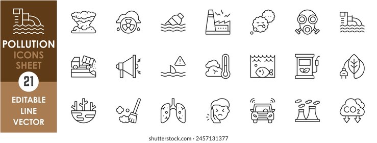 Conjunto de iconos de esquema relacionados con la contaminación. Icono lineal con residuos industriales, polvo, contaminación acústica, protección, energía verde, etc.