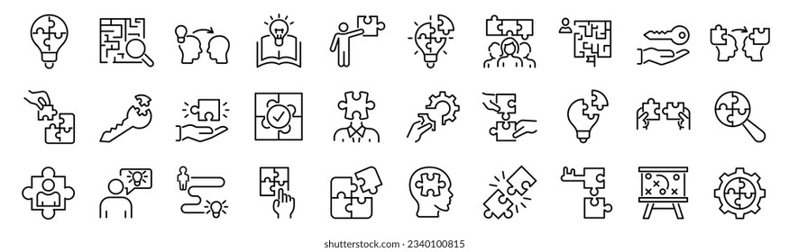 Set of outline icons related to problem solution, support, cooperation, sloving. Linear icon collection. Editable stroke. Vector illustration