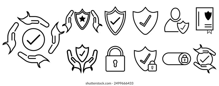 Set of outline icons related to protection. Black outline icon collection. Editable stroke. Vector illustration.