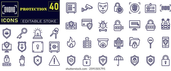 Set of outline icons related to protection. ncludes barrier, dust mask, elbow pads, safety harness, helmet, and More. Outline icons vector