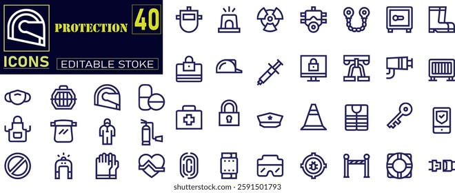 Set of outline icons related to protection. ncludes barrier, dust mask, elbow pads, safety harness, helmet, and More. Outline icons vector