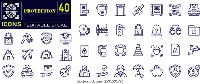 Set of outline icons related to protection. ncludes barrier, dust mask, elbow pads, safety harness, helmet, and More. Outline icons vector