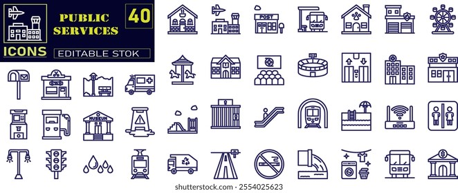 Set of outline icons related to public services. 