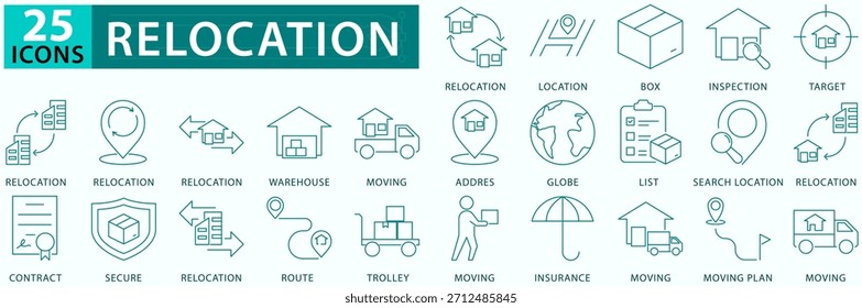 Set outline icons related to Relocation. Linear icon collection. Editable stroke. Vector illustration	