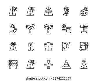 Set of outline icons related to route, and road. travel. Editable stroke. Outline icons suitable for web, infographics, interface, and apps.