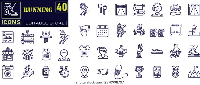 Set of outline icons related to running.Linear icon collection.  Containing runner, race, finish line, treadmill and timer chronometer icons. Vector illustration.