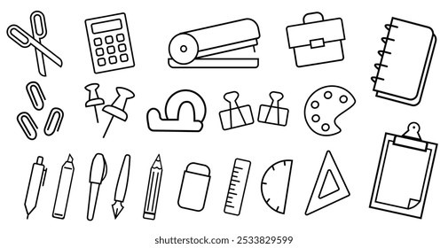 Set of outline icons related to school stationery. Linear icon collection. Editable stroke. 