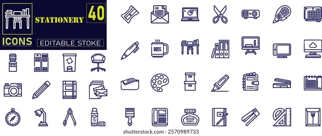 Set of outline icons related to school stationery. Set of paper clip, adhesive tape, stapler and staples, plastic folder, documents . 