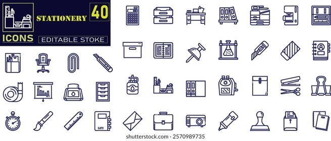 Set of outline icons related to school stationery. Set of paper clip, adhesive tape, stapler and staples, plastic folder, documents . 