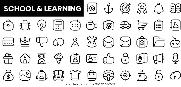 Set of outline icons related to school and education in a minimalist style.