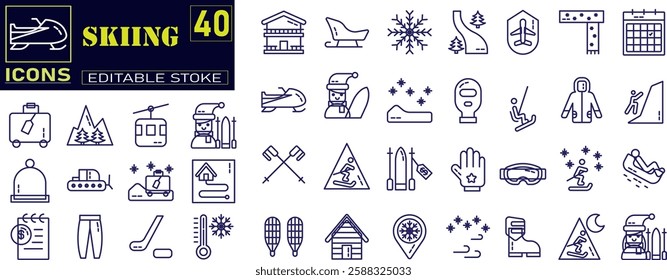 Set of outline icons related to skiing. Snowy Slopes, Ski Trails, Mountain Views .