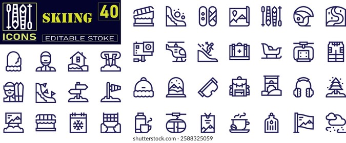 Set of outline icons related to skiing. Snowy Slopes, Ski Trails, Mountain Views .