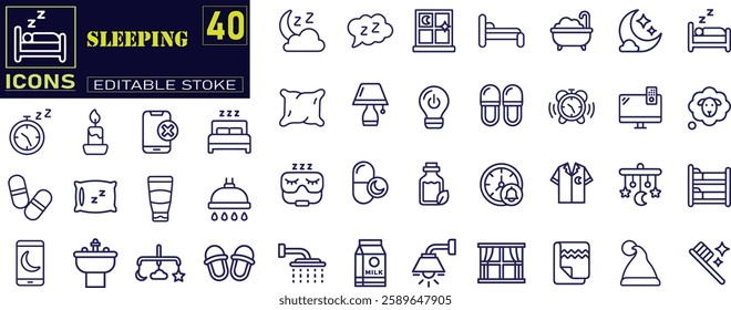 Set of  outline icons related to sleeping . bedroom, dream, pillow, bed, alarm clock, insomnia, night, rest and sleep disorders icons.