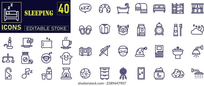 Set of  outline icons related to sleeping . bedroom, dream, pillow, bed, alarm clock, insomnia, night, rest and sleep disorders icons.