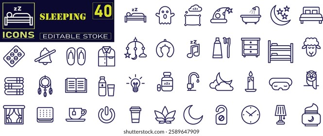 Set of  outline icons related to sleeping . bedroom, dream, pillow, bed, alarm clock, insomnia, night, rest and sleep disorders icons.