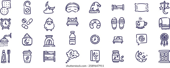 Set of  outline icons related to sleeping . bedroom, dream, pillow, bed, alarm clock, insomnia, night, rest and sleep disorders icons.