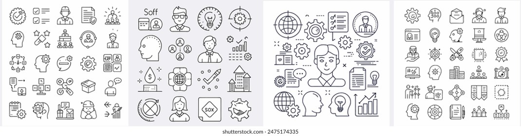 Set of  outline icons related to soft skills. Linear icon collection. Editable stroke. Vector illustratio