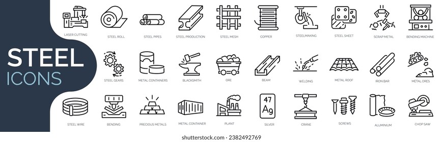 Set of outline icons related to steel. Linear icon collection. Editable stroke. Vector illustration
