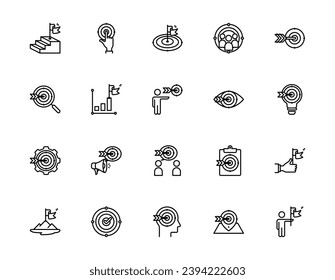 Set of outline icons related to target and goal. Editable stroke. Outline icons suitable for web, infographics, interface, and apps.