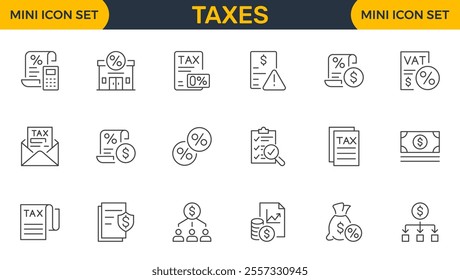 Set of outline icons related to taxes. Linear icon collection. Editable stroke. Vector illustration