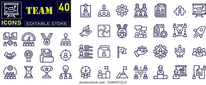 Set of outline icons related to team. teams, collaboration tools, flexible work arrangements, team productivity, freelancing, remote project management icon.