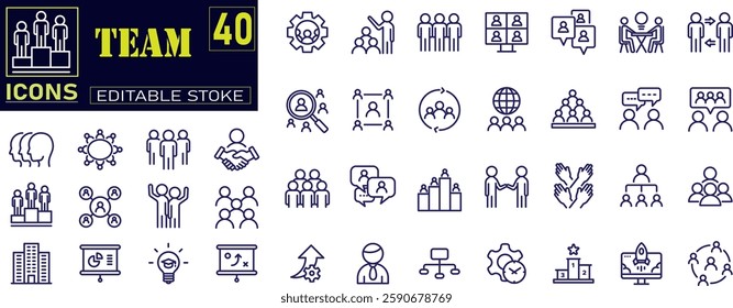 Set of outline icons related to team. teams, collaboration tools, flexible work arrangements, team productivity, freelancing, remote project management icon.