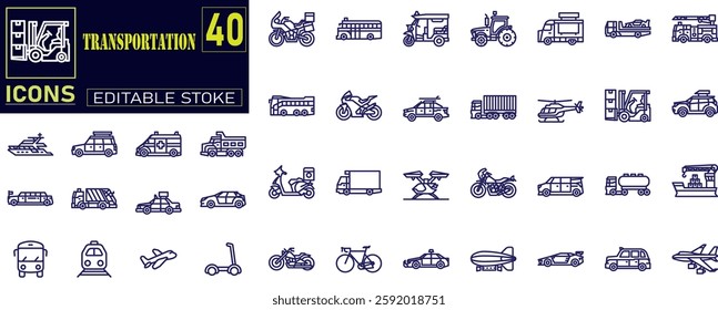 Set of outline icons related to transportation. Road icons. Address, transport , car, Bus, bicycle, train, Location Map .