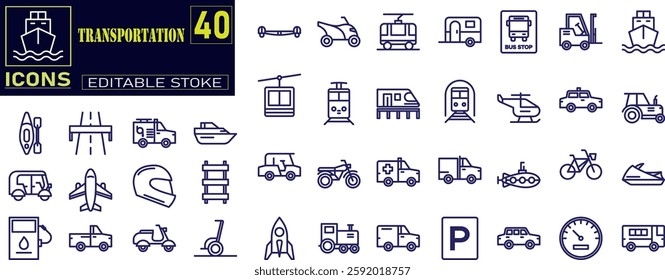 Set of outline icons related to transportation. Road icons. Address, transport , car, Bus, bicycle, train, Location Map .