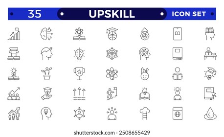 Set of Outline icons related to upskill, upskilling, personal growth, development, education, career. Outline icon collection.
